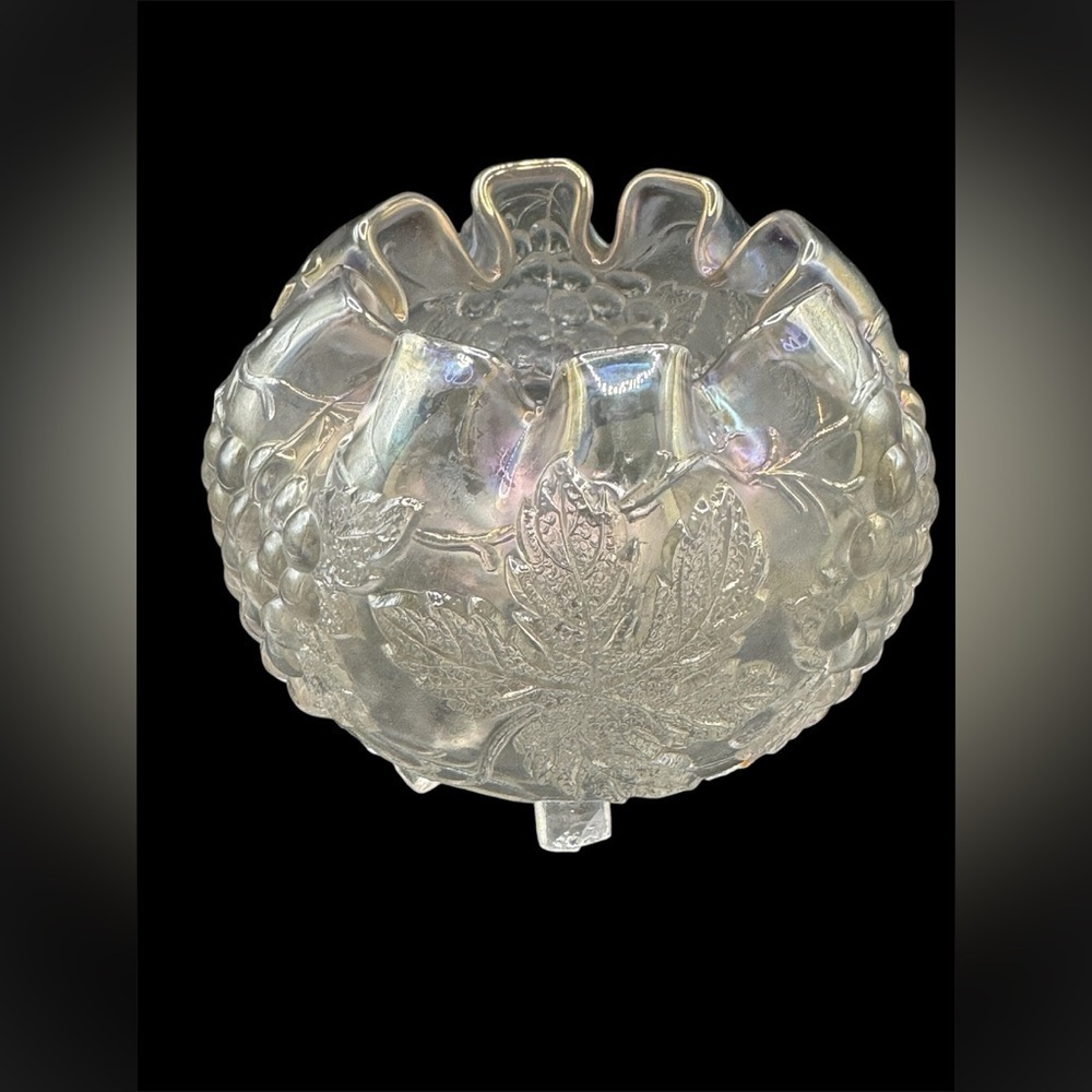 Vintage Dugan Clear Iridescent Carnival Glass Grape Delight Footed Rose Bowl